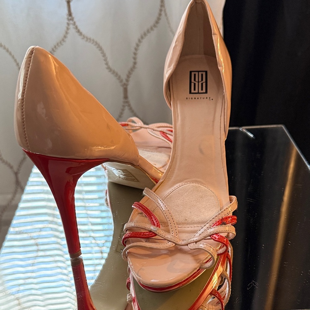 Signature Nude Patent Heels with Red Patent Accents
